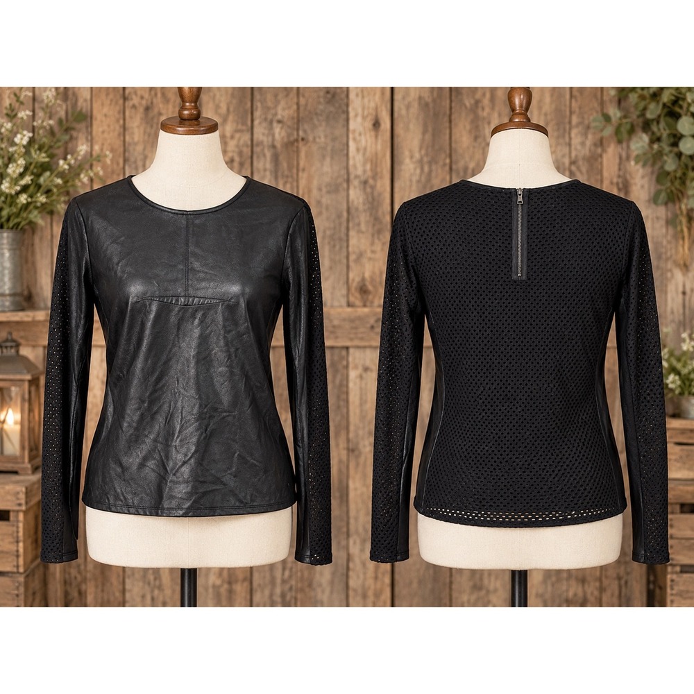 BCBGMAXAZRIA Black Faux Leather Mesh Long Sleeve Top Size Small Edgy Clubwear